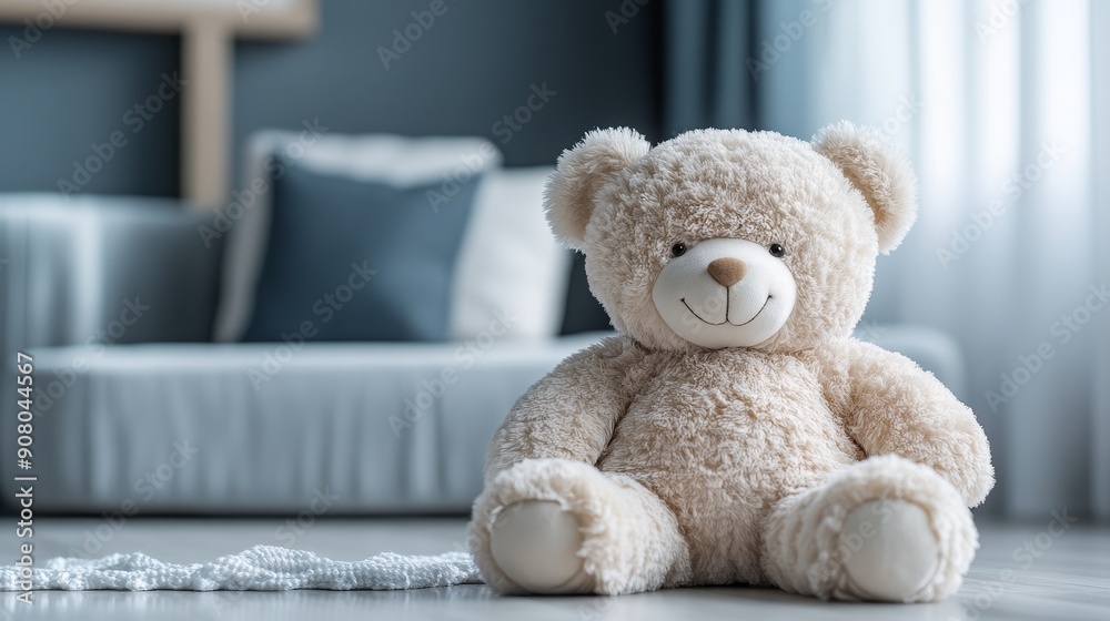A teddy bear is sitting on a floor in a room A teddy bear is sitting on a floor in a room