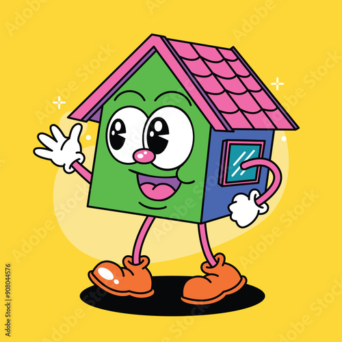 cartoon cute house character with doodle art style