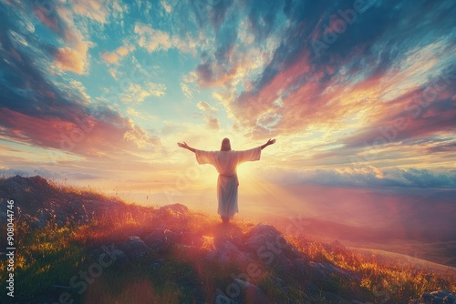 Jesus Christ with his arms open to humanity - Salvation and resurrection concept - Vibrant Sunset Sky - Vast landscape , ai