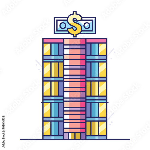 Tall multicolored financial building icon dollar sign isolated white background. Yellow blue pink money symbol business corporate office complex exterior. Skyscraper commercial bank loan transaction