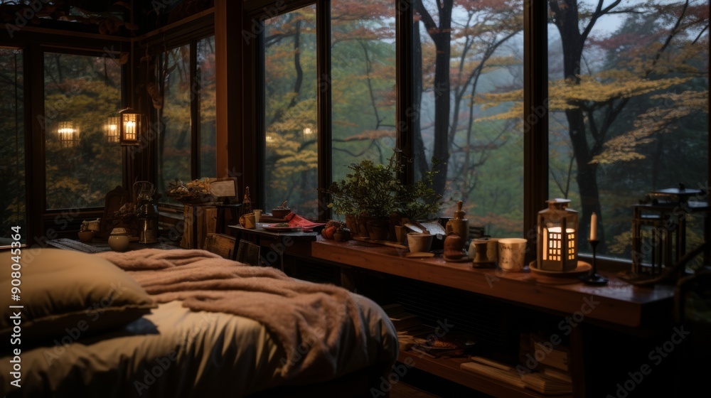 Cozy bedroom with a view of a misty forest in autumn. Cozy bedroom with a view of a misty forest in autumn.