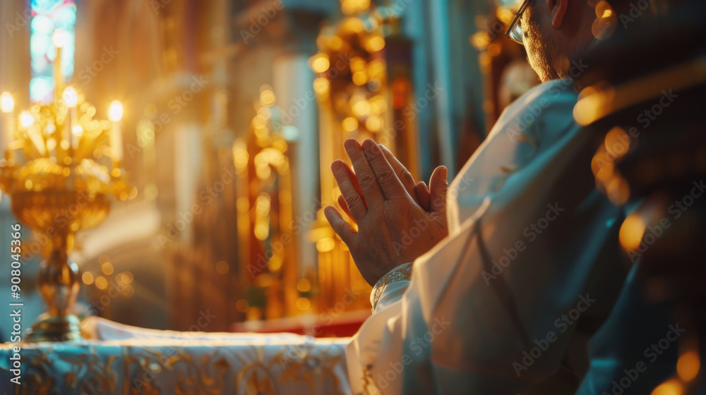 Man Praying in a Beautifully Lit Church with Golden Decorations and Warm Sunlight Streaming Through Stained Glass Windows Man Praying in a Beautifully Lit Church with Golden Decorations and Warm Sunlight Streaming Through Stained Glass Windows