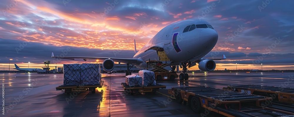 Commercial cargo airplane being loaded at an airport during nighttime operations.​​ Free copy space for text.