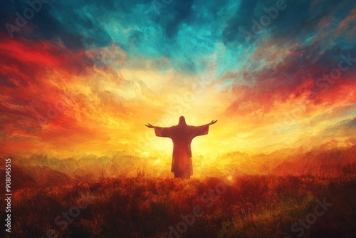 Jesus Christ with his arms open to humanity - Salvation and resurrection concept - Vibrant Sunset Sky - Vast landscape , ai