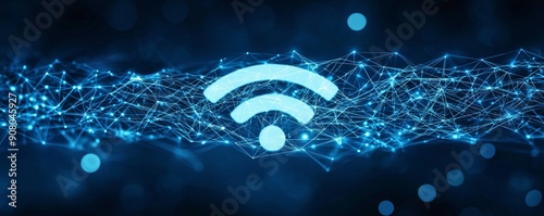 Wireframe Wi-Fi symbol on a network connection background representing internet and wireless communication
