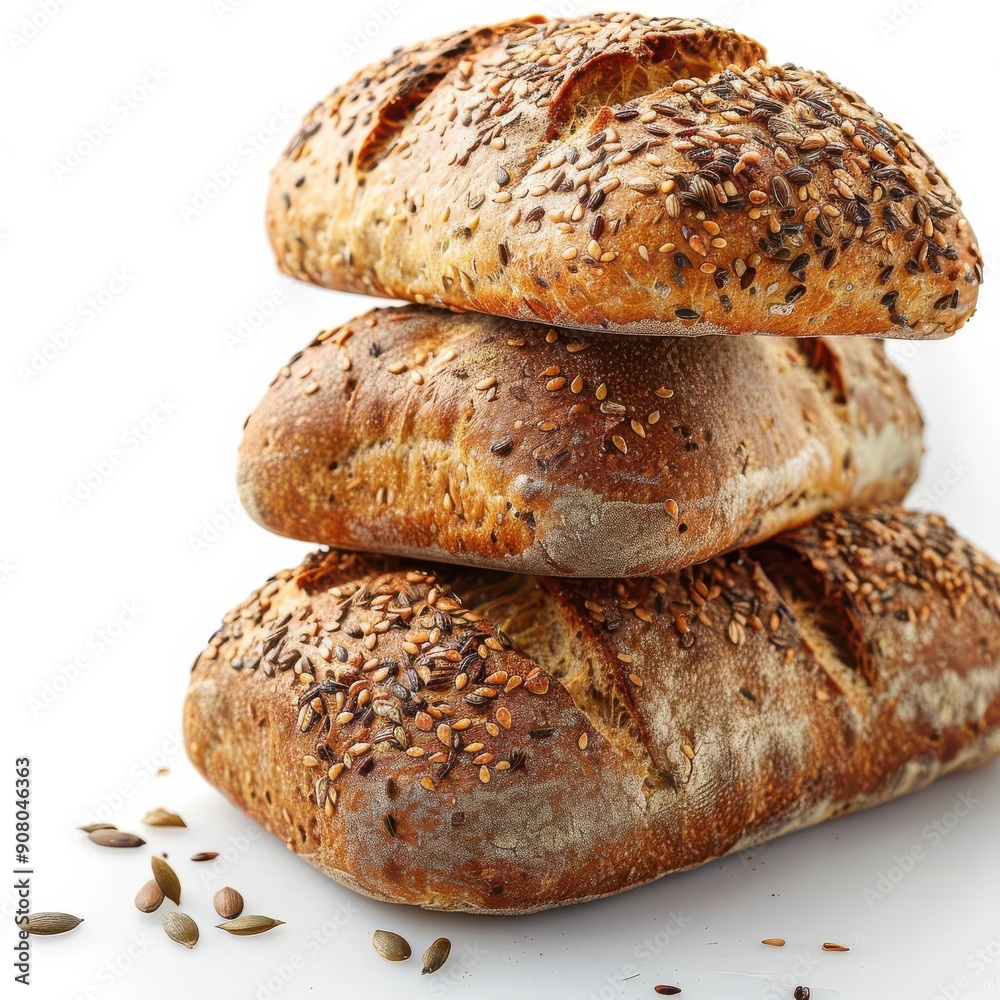 Freshly baked bread with seeds, white background, homemade treats Freshly baked bread with seeds, white background, homemade treats