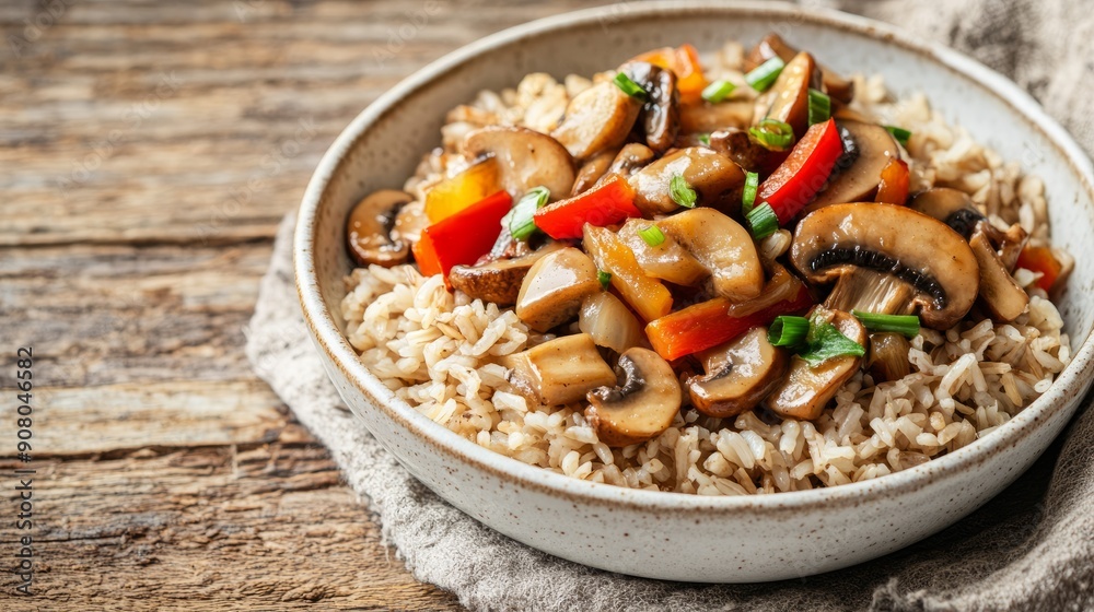 Mushroom rice stir fry dish. Delicious and healthy stir fry with sauteed mushrooms, peppers and onions served over rice. Mushroom rice stir fry dish. Delicious and healthy stir fry with sauteed mushrooms, peppers and onions served over rice.