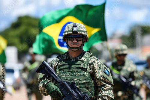 Obraz na płótnie Brazilian Soldiers Parade With National Flags During Military Ceremony in Bright Daylight w salonie