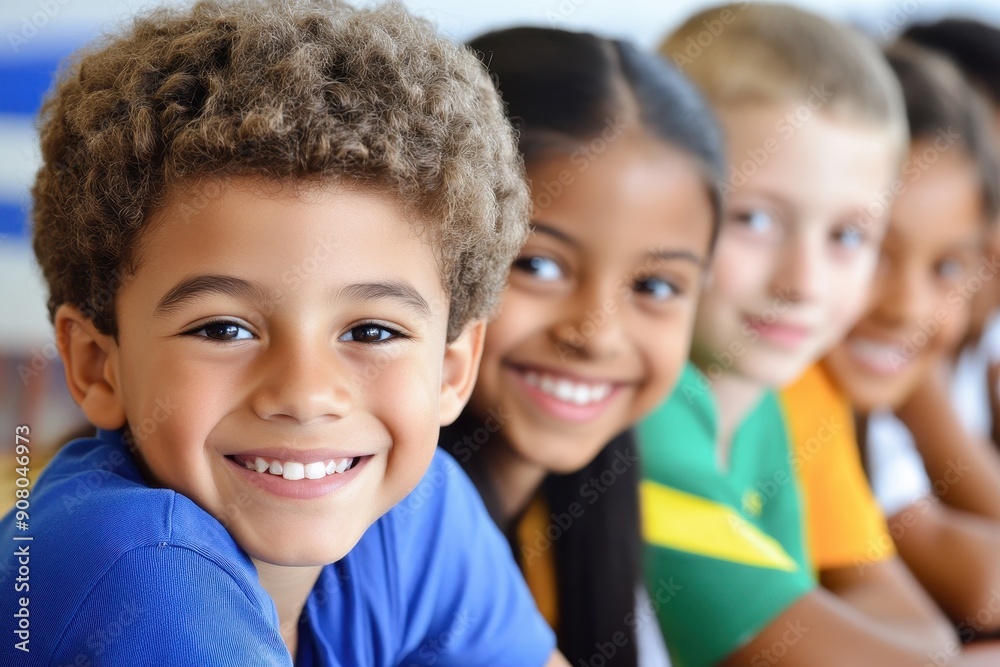 Joyful Group of Multicultural Children Smiling and Sitting Together in a Bright Classroom Setting Joyful Group of Multicultural Children Smiling and Sitting Together in a Bright Classroom Setting