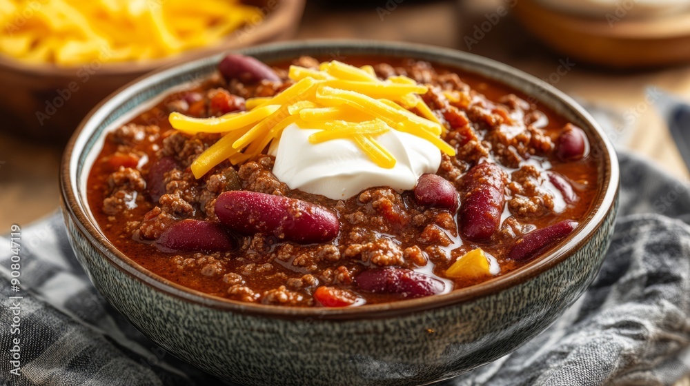 Spicy chili with cheese and sour cream. A hearty bowl of chili, topped with shredded cheese and a dollop of sour cream, perfect for a cold winter day. Spicy chili with cheese and sour cream. A hearty bowl of chili, topped with shredded cheese and a dollop of sour cream, perfect for a cold winter day.