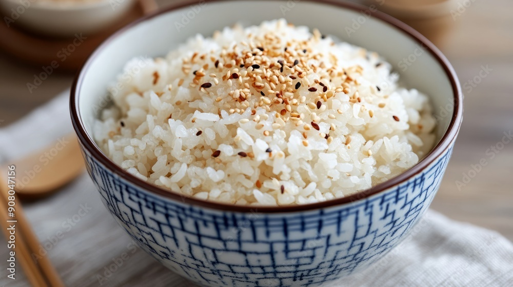 Bowl of cooked white rice with sesame seeds. Close up image of a bowl of freshly cooked white rice topped with sesame seeds. Bowl of cooked white rice with sesame seeds. Close up image of a bowl of freshly cooked white rice topped with sesame seeds.