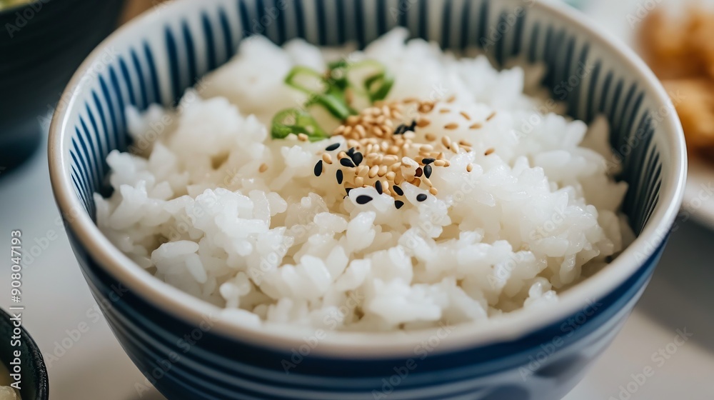 Bowl of steamed rice with sesame seeds and green onion. A close-up of a bowl of steamed rice topped with sesame seeds and green onions, perfect for a healthy and satisfying meal. Bowl of steamed rice with sesame seeds and green onion. A close-up of a bowl of steamed rice topped with sesame seeds and green onions, perfect for a healthy and satisfying meal.
