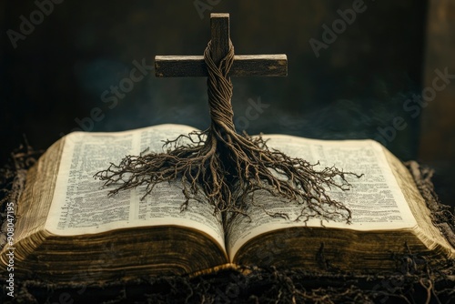 Living Word. The Living Word: A Cross with Roots Intertwined in an Open Bible, Symbolizing the Dynamic and Ever-Growing Nature of Faith Nourished by the Sacred Scriptures, ai