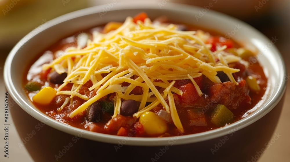 Cheesy chili bowl. A hearty bowl of chili topped with shredded cheddar cheese, perfect for a cold evening meal. Cheesy chili bowl. A hearty bowl of chili topped with shredded cheddar cheese, perfect for a cold evening meal.