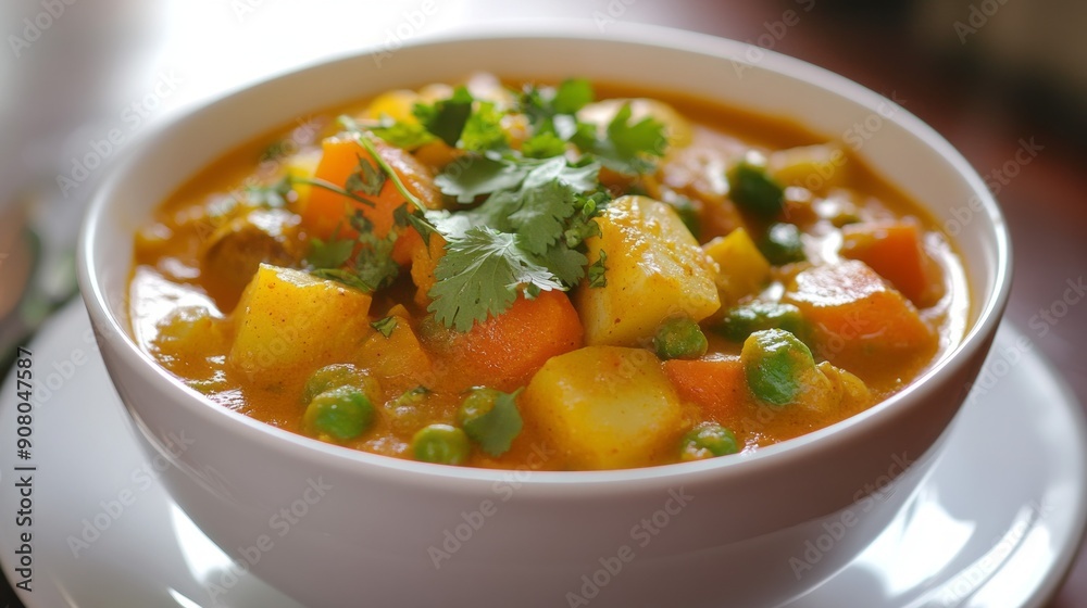 Delicious curry with potatoes and carrots. A bowl of homemade Indian curry with potatoes, carrots, and peas, garnished with cilantro. Delicious curry with potatoes and carrots. A bowl of homemade Indian curry with potatoes, carrots, and peas, garnished with cilantro.