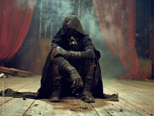 Medium shot of The man put on a black hood and an old, disheveled, torn cloak, black boots, and a black respirator mask, themed background, bright tonality, in the style of fashion photography.