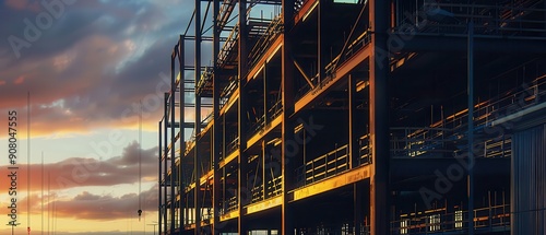 Large construction site with steel framework against a vibrant sunset sky. photo