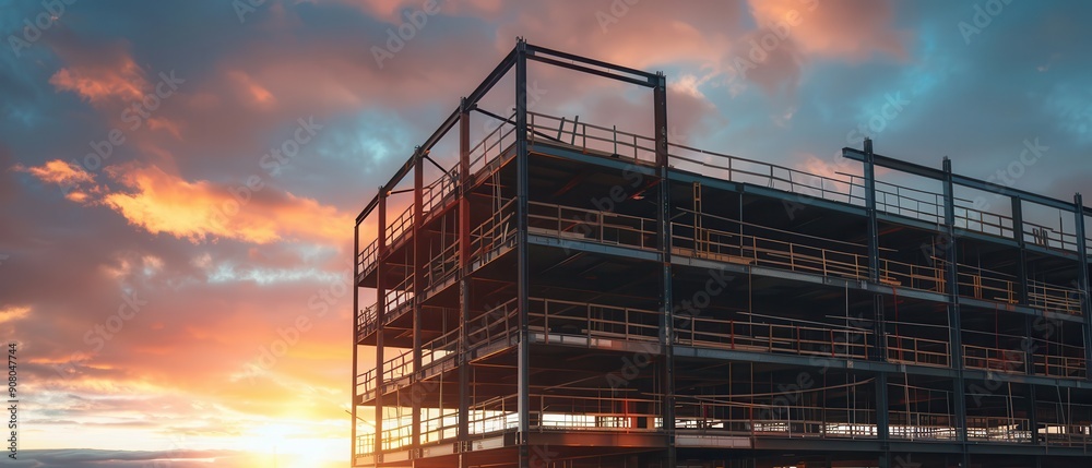 Fototapeta premium Large construction site with steel framework against a vibrant sunset sky.