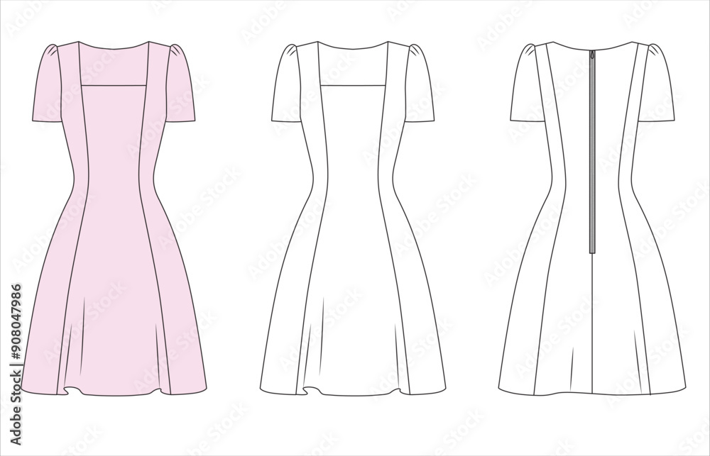 womens girls formal dress sketch, ladies classic summer dress mock up, womens dress vector front and back editable technical drawings womens girls formal dress sketch, ladies classic summer dress mock up, womens dress vector front and back editable technical drawings