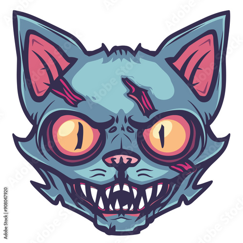 Scary zombie cartoon cat bluegrey skin, bright yellow eyes, pink ears, sharp teeth, claw marks. Creepy feline face closeup terrifying expression, isolated white background, digital vector