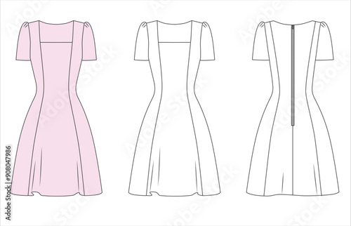 womens girls formal dress sketch, ladies classic summer  dress mock up, womens dress vector front and back editable technical drawings