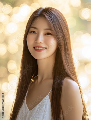 Young woman smiling in sunlight. Portrait of a beautiful young woman with long brown hair smiling against a background of golden bokeh lights.