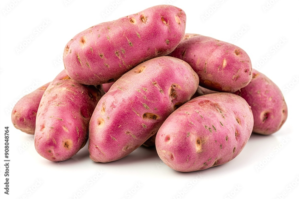 Fresh pink fingerling potatoes stacked on white background Fresh pink fingerling potatoes stacked on white background