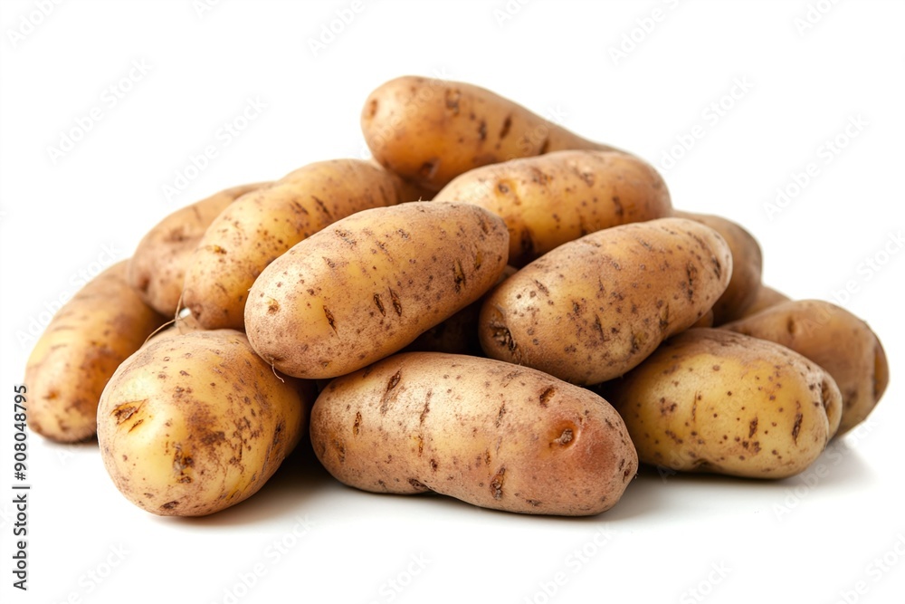 Fresh russet potatoes piled in a heap on white background Fresh russet potatoes piled in a heap on white background