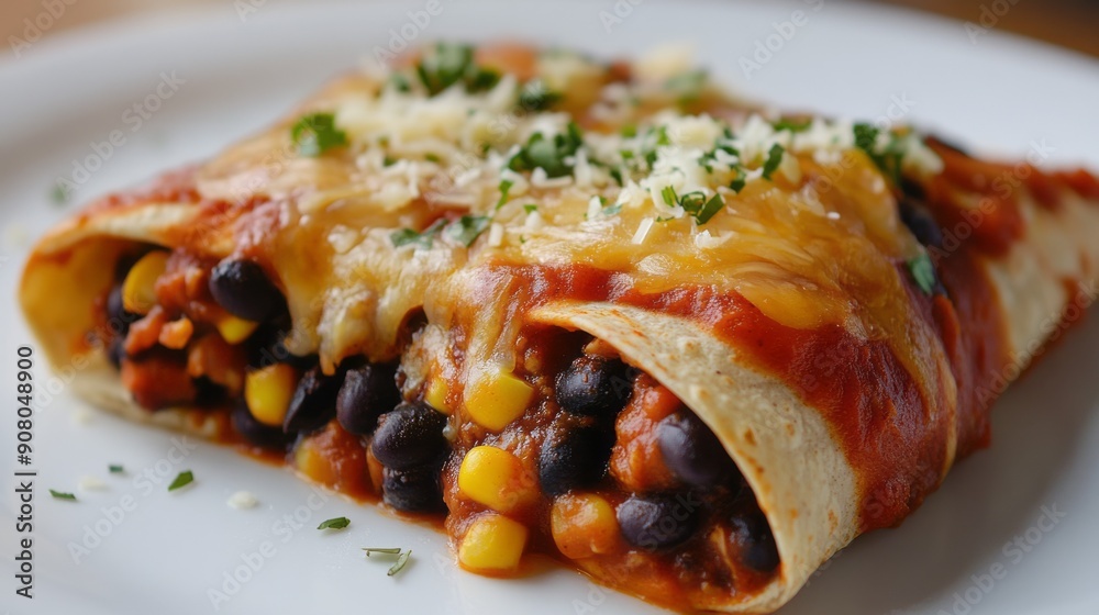 Cheesy black bean and corn enchiladas. Close up of a delicious Mexican enchilada dish with black beans, corn, and melted cheese. Cheesy black bean and corn enchiladas. Close up of a delicious Mexican enchilada dish with black beans, corn, and melted cheese.
