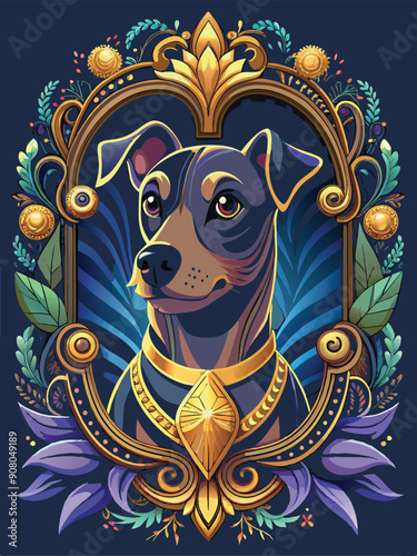 Portrait of a Dog in a Gilded Frame with Floral Accents