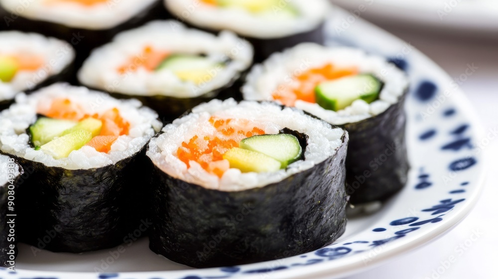 Japanese cuisine salmon avocado sushi rolls. Close-up of a plate of freshly made sushi rolls featuring salmon, avocado, and cucumber. Japanese cuisine salmon avocado sushi rolls. Close-up of a plate of freshly made sushi rolls featuring salmon, avocado, and cucumber.