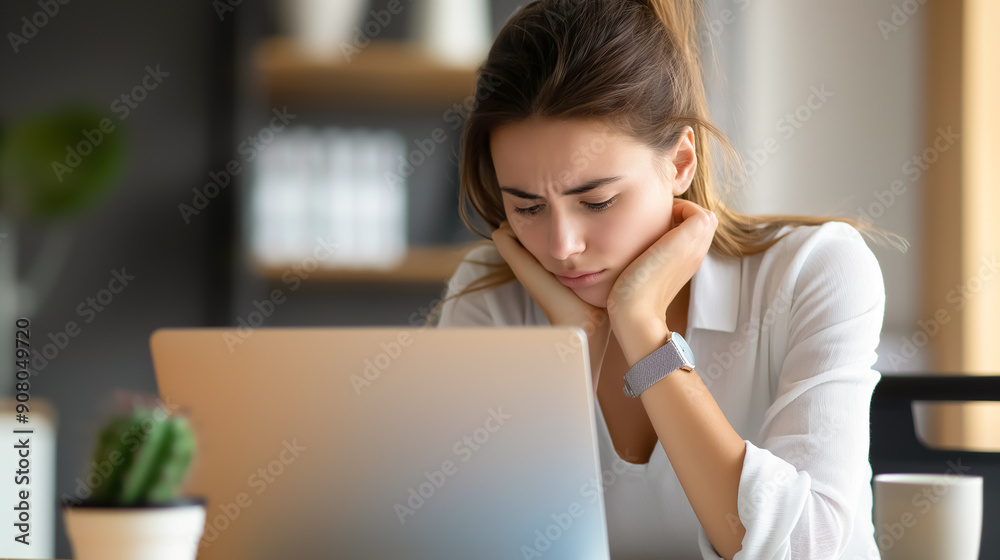 Woman in a white shirt, appearing anxious and tired, sits at her desk with a laptop Woman in a white shirt, appearing anxious and tired, sits at her desk with a laptop