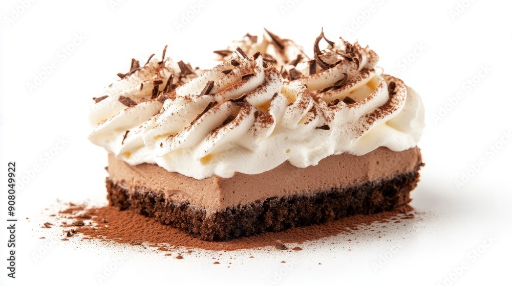 Chocolate mousse cake with whipped cream. Delicious chocolate mousse cake layered with whipped cream and topped with chocolate shavings. Chocolate mousse cake with whipped cream. Delicious chocolate mousse cake layered with whipped cream and topped with chocolate shavings.