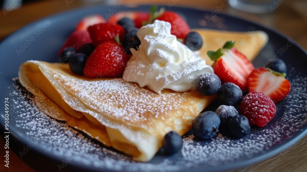 Delicious crepe with whipped cream and berries. Close-up of a crepe topped with whipped cream, strawberries, raspberries, and blueberries. Delicious crepe with whipped cream and berries. Close-up of a crepe topped with whipped cream, strawberries, raspberries, and blueberries.
