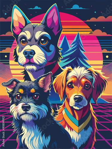 Three Dogs in a Retro-Inspired Landscape