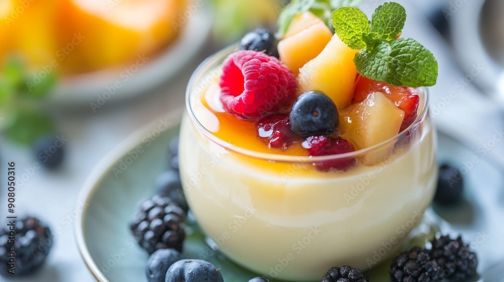 Creamy dessert with fresh fruit and mint. Delicious and refreshing dessert featuring a creamy base topped with fresh fruit, including raspberries, blueberries, and pineapple, garnished with mint. Creamy dessert with fresh fruit and mint. Delicious and refreshing dessert featuring a creamy base topped with fresh fruit, including raspberries, blueberries, and pineapple, garnished with mint.