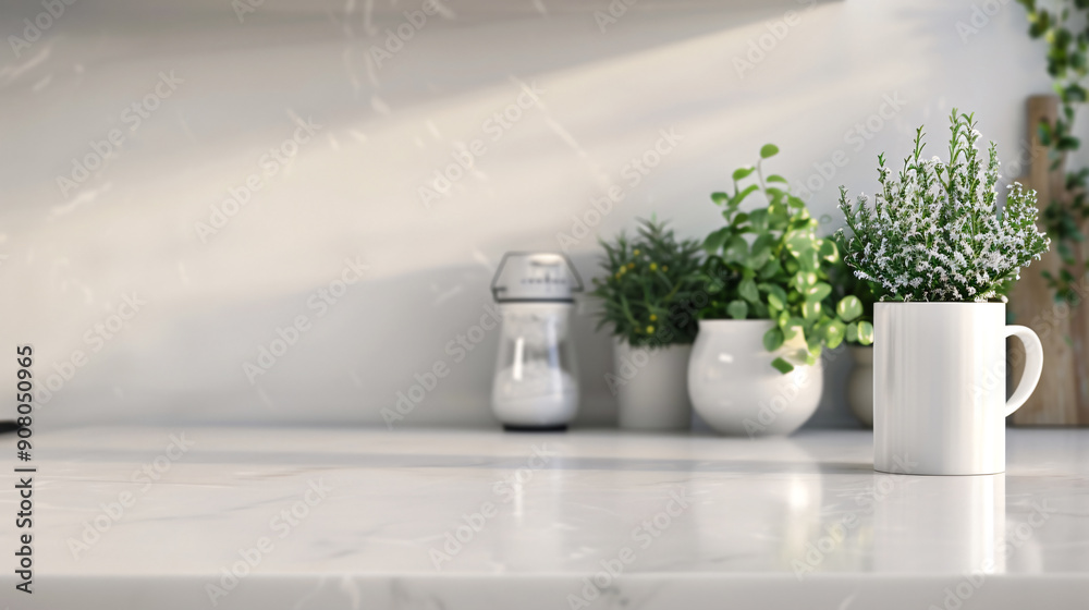 Minimalist kitchen countertop adorned with potted plants, creating a clean and refreshing space. Minimalist kitchen countertop adorned with potted plants, creating a clean and refreshing space.