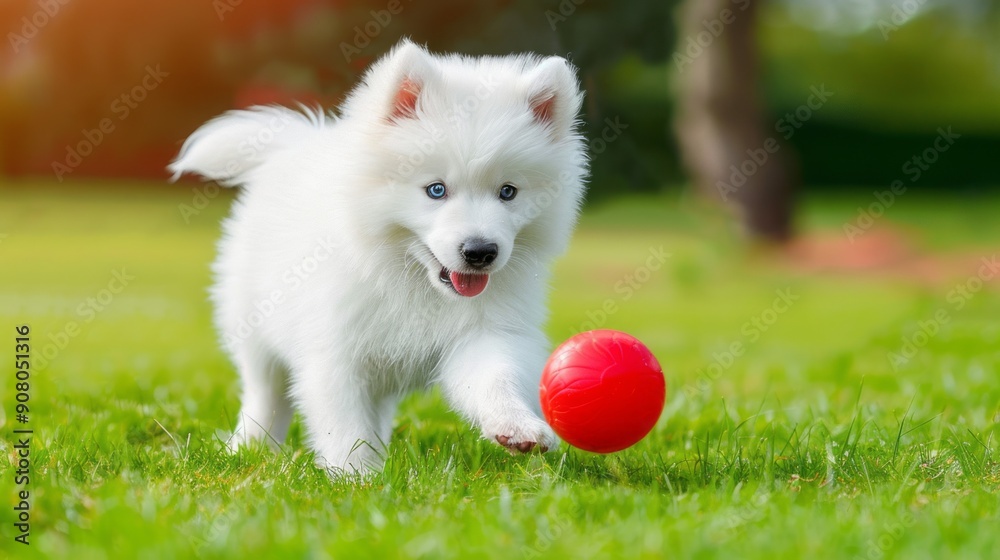 Playful white puppy with red ball. A cheerful white puppy with blue eyes runs towards a red ball on a grassy lawn. This adorable pup is enjoying a fun game of fetch. Playful white puppy with red ball. A cheerful white puppy with blue eyes runs towards a red ball on a grassy lawn. This adorable pup is enjoying a fun game of fetch.