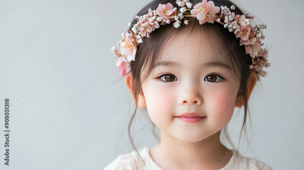 Asian girl toddler wearing a floral headband, isolated white background Asian girl toddler wearing a floral headband, isolated white background