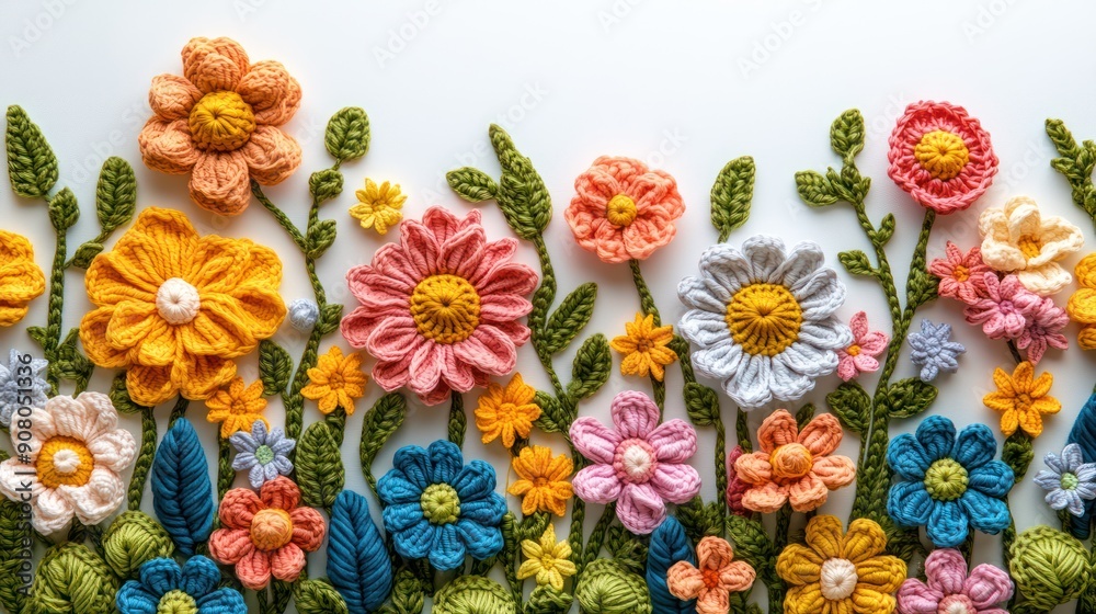 colorful flowers made of crochet, amigurumi on a white background colorful flowers made of crochet, amigurumi on a white background
