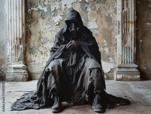 Medium shot of The man put on a black hood and an old, disheveled, torn cloak, black boots, and a black respirator mask, themed background, bright tonality, in the style of fashion photography.