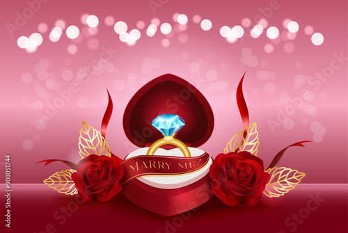 The gold wedding ring with the big diamond. Beautiful valentine's day card with red roses and ribbons. Marry me. 