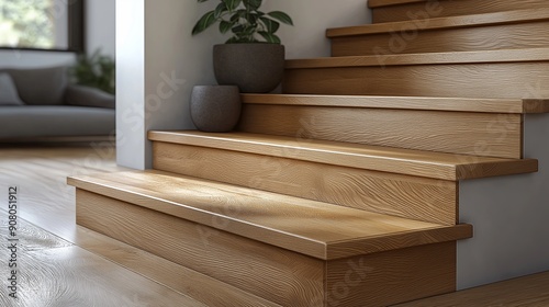 Wooden stairs in the modern interior, closeup photo