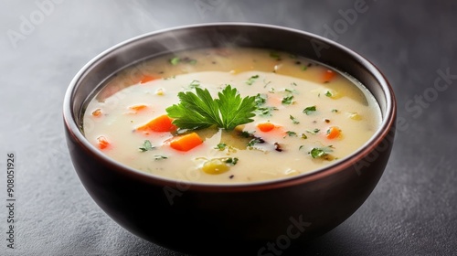 Creamy vegetable soup in bowl. Warm and comforting, this creamy vegetable soup is perfect for a cold day. The soup is made with fresh vegetables and a rich, creamy broth.