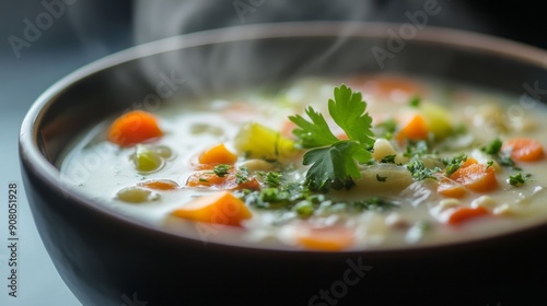 Steaming vegetable soup in bowl. A close-up of a steaming bowl of vegetable soup with fresh parsley garnish.