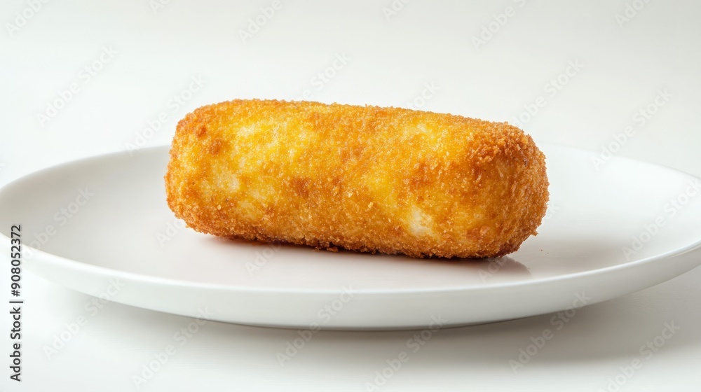 Crispy fried breaded food. Close-up of a golden brown, deep-fried breaded food on a white plate. Crispy fried breaded food. Close-up of a golden brown, deep-fried breaded food on a white plate.