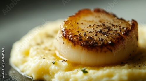 Pan seared scallops with creamy polenta. Close up of a perfectly seared scallop atop a bed of creamy polenta, making a delicious and sophisticated meal.