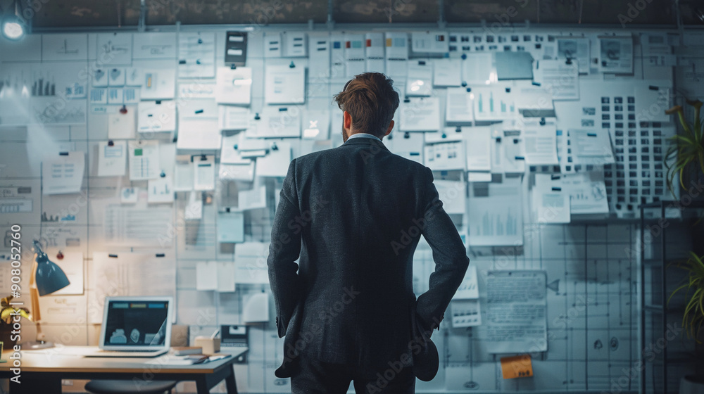 Businessman overwhelmed by a plethora of options displayed on a whiteboard in a modern office Businessman overwhelmed by a plethora of options displayed on a whiteboard in a modern office