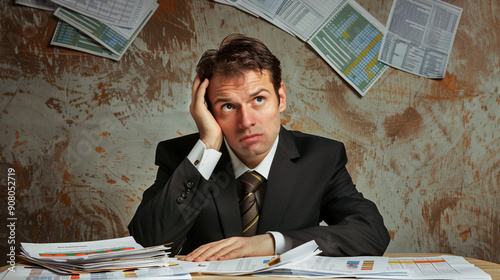 Businessman holding his head in confusion while reviewing several financial reports on his desk in a modern office 