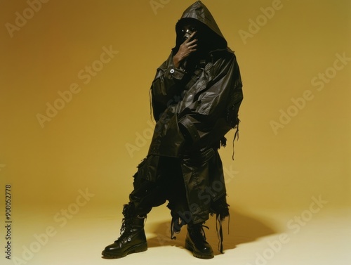 Medium shot of The man put on a black hood and an old, disheveled, torn cloak, black boots, and a black respirator mask, themed background, bright tonality, in the style of fashion photography.